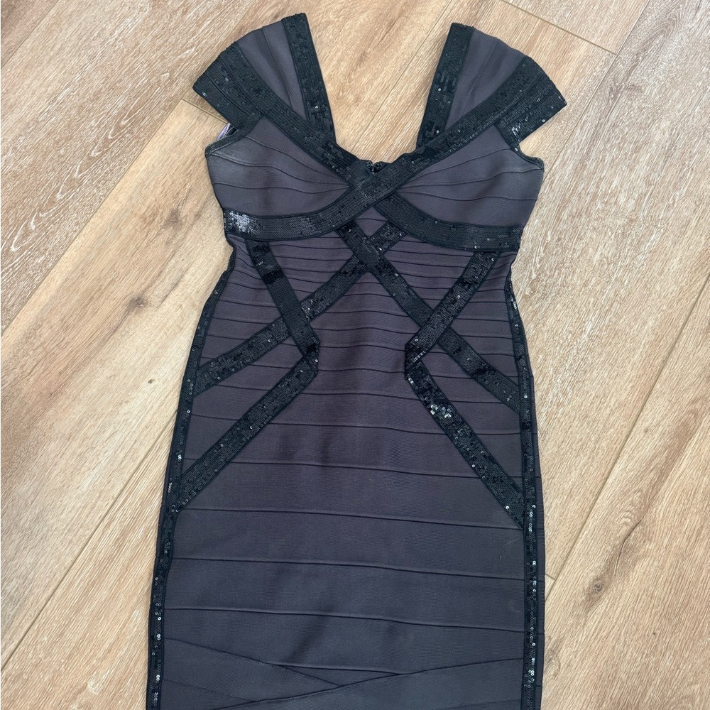 Herve Leger Black Ribbed Tie Front Mini Dress